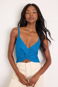 Melika Bright Blue Ribbed Knotted Crop Tank Top