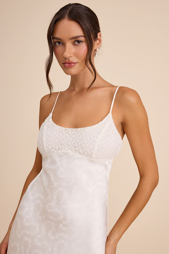 Benetta White Satin Lace Slip Midi Dress
