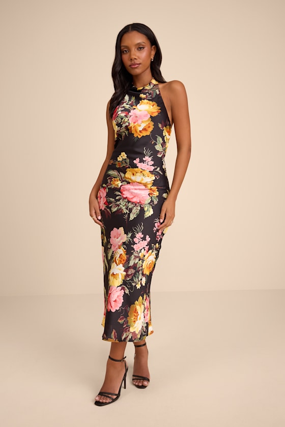 Alandra Black Multi Floral Satin Halter Midi Dress