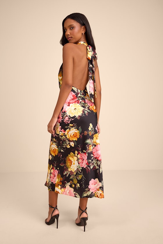 Alandra Black Multi Floral Satin Halter Midi Dress