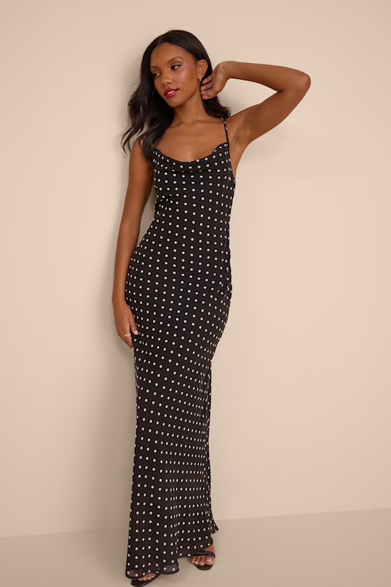 Adaria Black Polka Dot Cowl Neck Maxi Dress