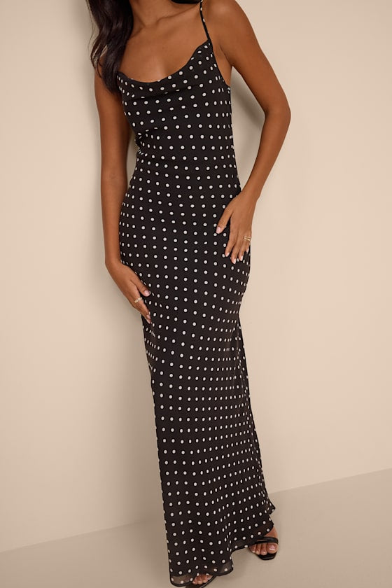 Adaria Black Polka Dot Cowl Neck Maxi Dress