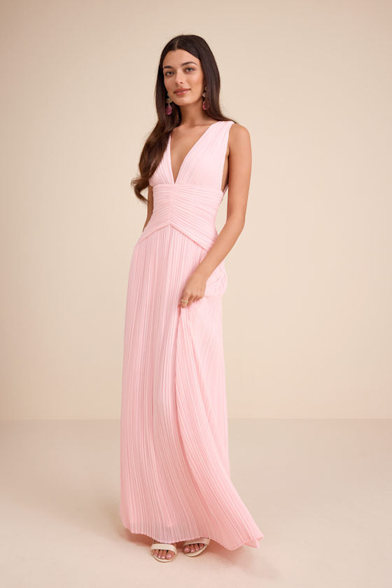 Kelina Light Pink Pleated Drop Waist Maxi Dress