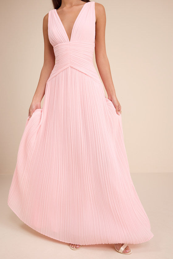 Kelina Light Pink Pleated Drop Waist Maxi Dress