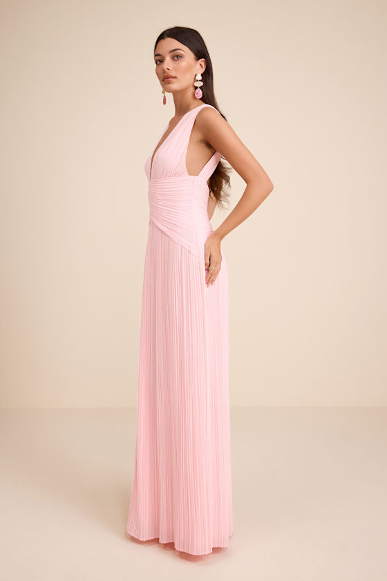 Kelina Light Pink Pleated Drop Waist Maxi Dress