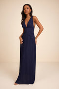 Kelina Navy Blue Pleated Drop Waist Maxi Dress