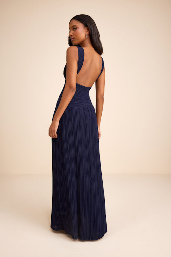 Kelina Navy Blue Pleated Drop Waist Maxi Dress