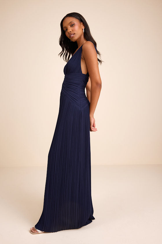 Kelina Navy Blue Pleated Drop Waist Maxi Dress