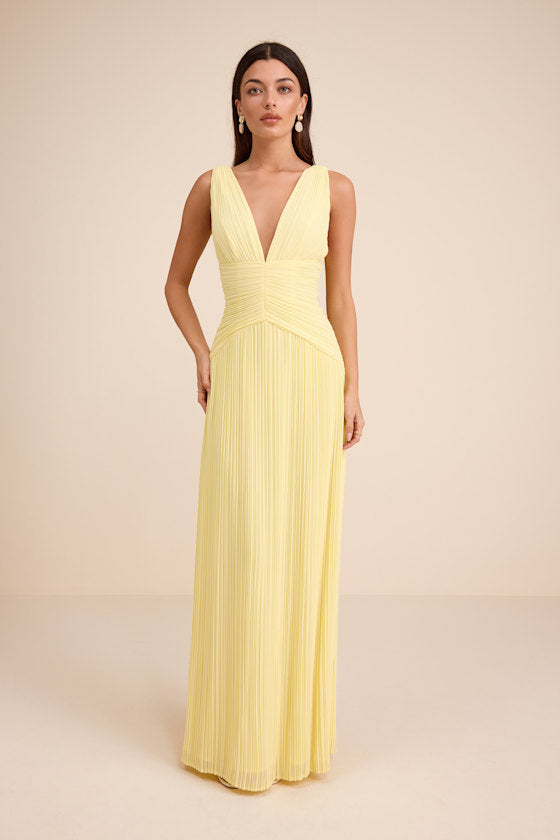 Kelina Light Yellow Pleated Drop Waist Maxi Dress