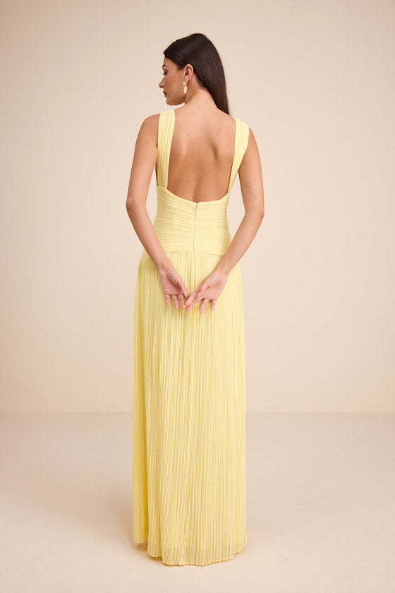 Kelina Light Yellow Pleated Drop Waist Maxi Dress