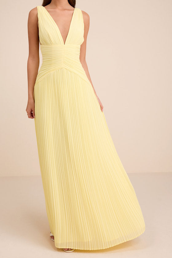 Kelina Light Yellow Pleated Drop Waist Maxi Dress
