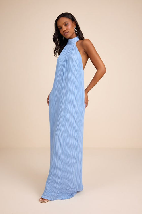 Marta Powder Blue Pleated Backless Maxi Dress