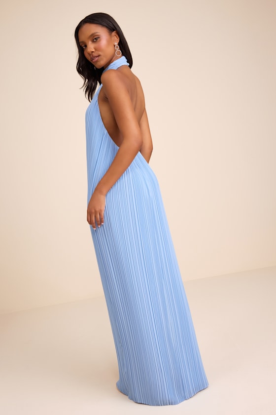 Marta Powder Blue Pleated Backless Maxi Dress