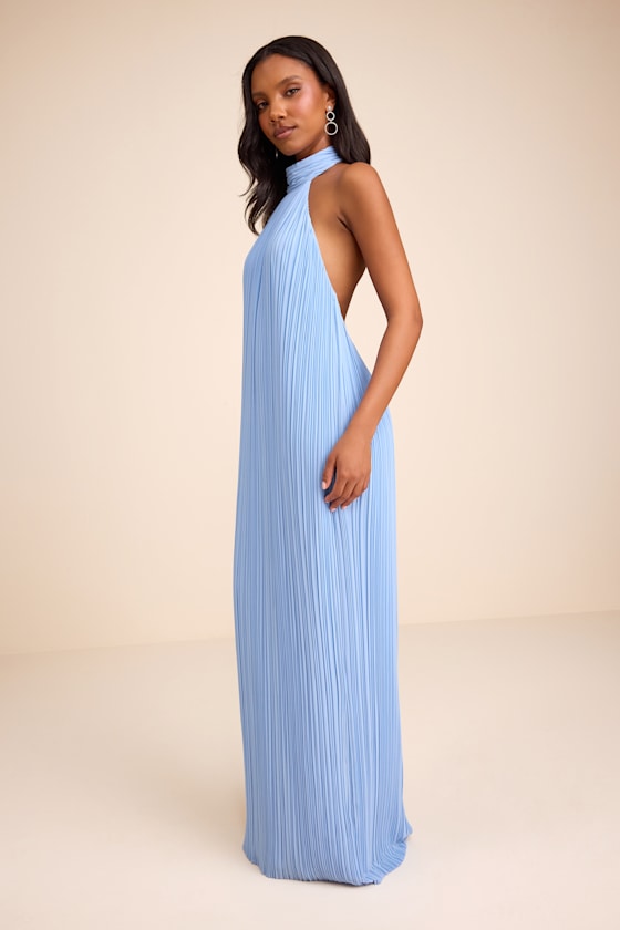 Marta Powder Blue Pleated Backless Maxi Dress