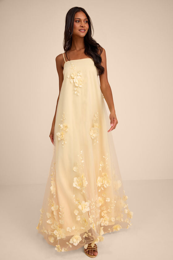 Allie Light Yellow Floral Applique Shift Maxi Dress