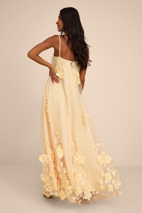 Allie Light Yellow Floral Applique Shift Maxi Dress