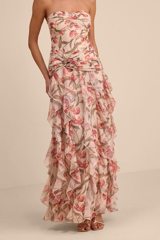 Danna Cream Multi Floral Ruffled Maxi Dress