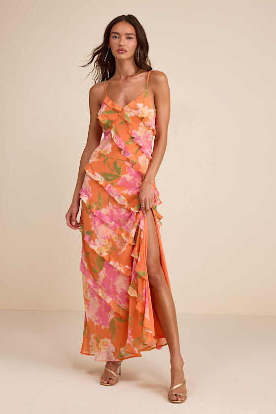 Zarina Orange Multi Floral Ruffled Maxi Dress