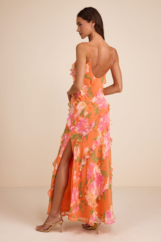 Zarina Orange Multi Floral Ruffled Maxi Dress