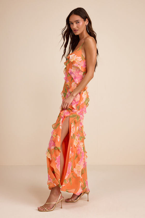 Zarina Orange Multi Floral Ruffled Maxi Dress