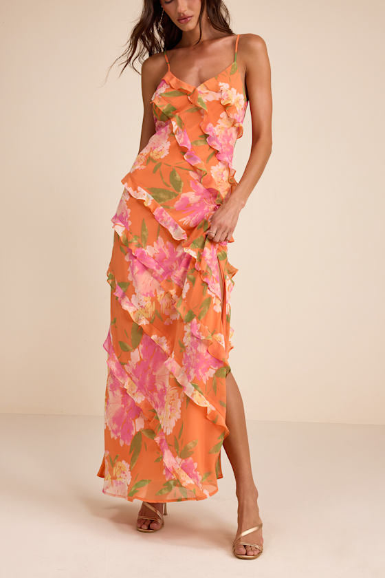 Zarina Orange Multi Floral Ruffled Maxi Dress