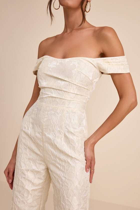 Jaz Ivory Floral Jacquard Off-the-Shoulder Jumpsuit