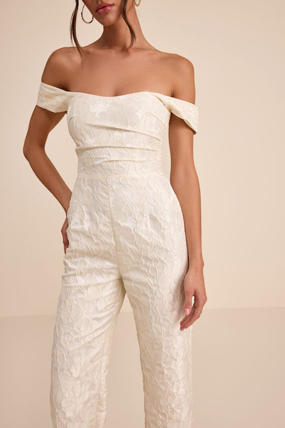 Jaz Ivory Floral Jacquard Off-the-Shoulder Jumpsuit