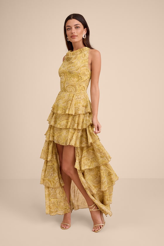 Cayson Yellow Paisley Tiered High-Low Maxi Dress