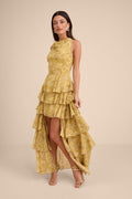 Cayson Yellow Paisley Tiered High-Low Maxi Dress