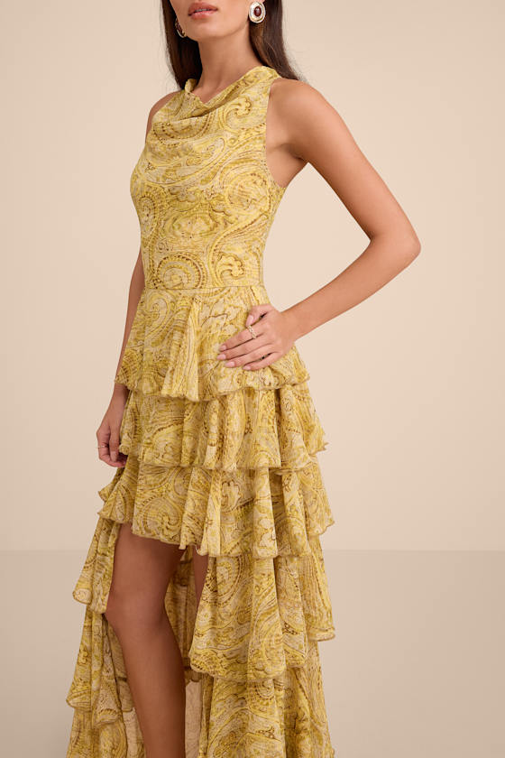 Cayson Yellow Paisley Tiered High-Low Maxi Dress