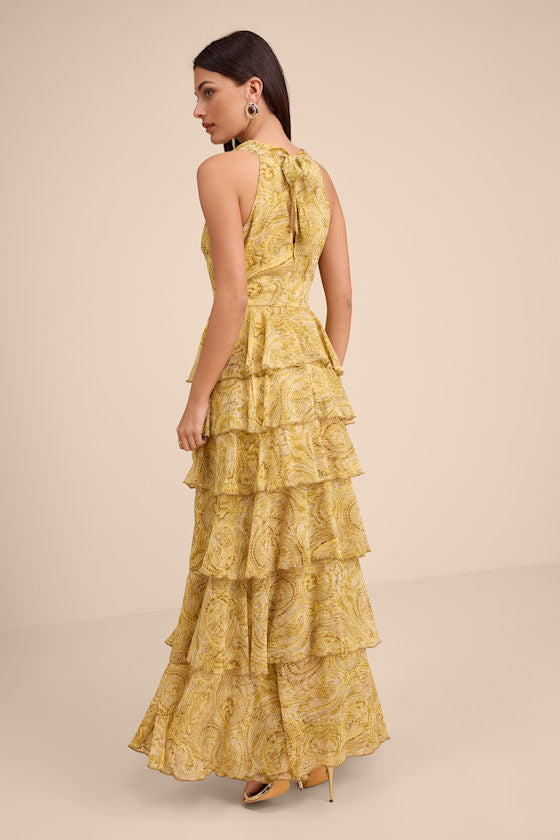 Cayson Yellow Paisley Tiered High-Low Maxi Dress
