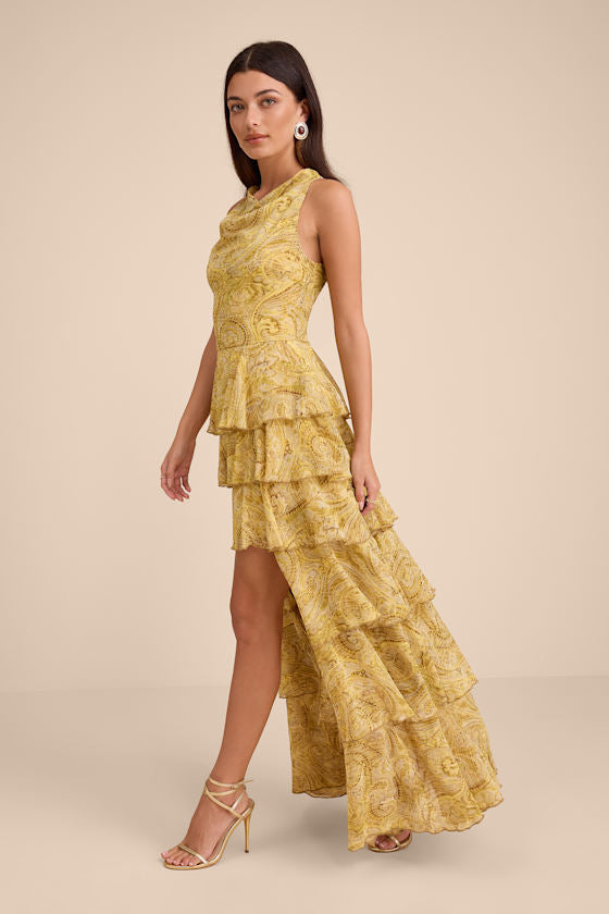 Cayson Yellow Paisley Tiered High-Low Maxi Dress