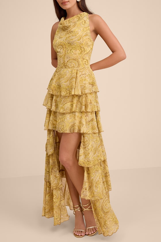 Cayson Yellow Paisley Tiered High-Low Maxi Dress