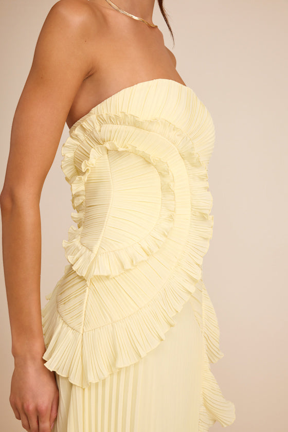Brylee Light Yellow Pleated Ruffled Maxi Dress