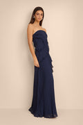 Brylee Navy Blue Pleated Ruffled Maxi Dress