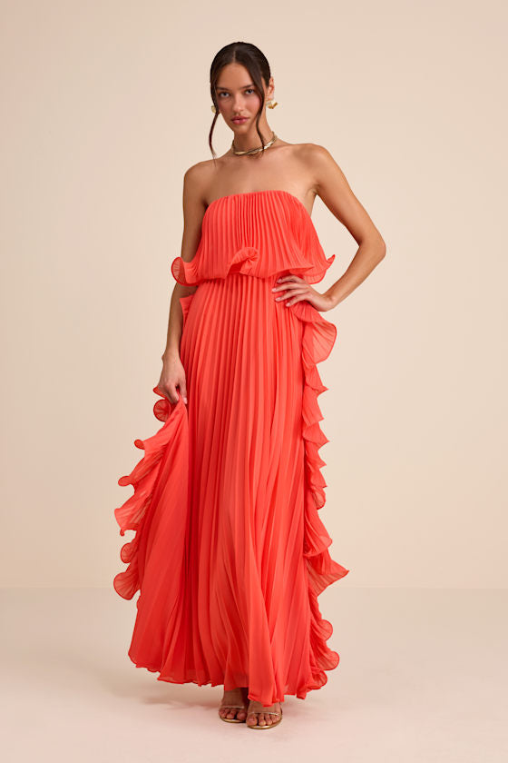 Andri Bright Orange Pleated Ruffled Maxi Dress