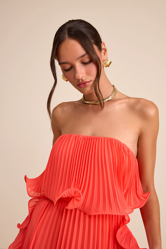 Andri Bright Orange Pleated Ruffled Maxi Dress