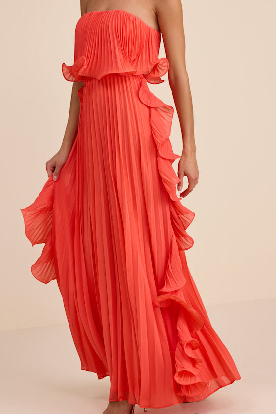 Andri Bright Orange Pleated Ruffled Maxi Dress