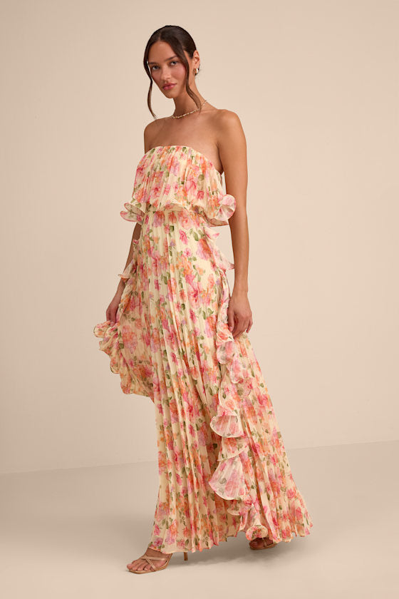 Andri Light Yellow Floral Pleated Ruffled Maxi Dress