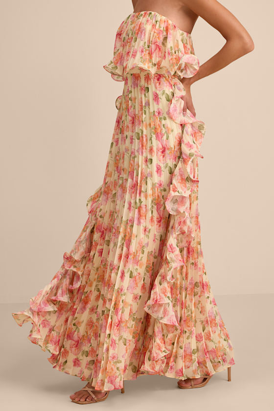 Andri Light Yellow Floral Pleated Ruffled Maxi Dress