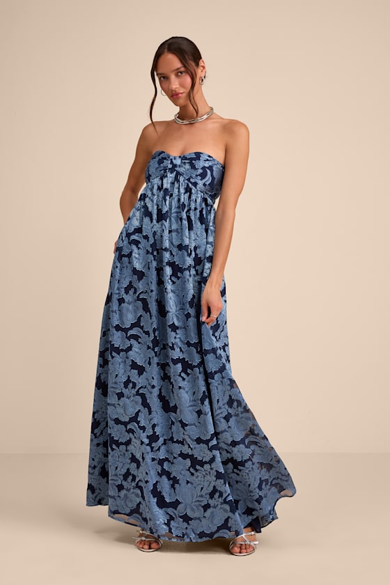 Danalia Navy Floral Burnout Strapless Maxi Dress