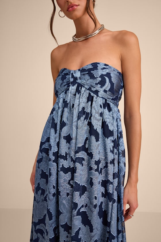Danalia Navy Floral Burnout Strapless Maxi Dress
