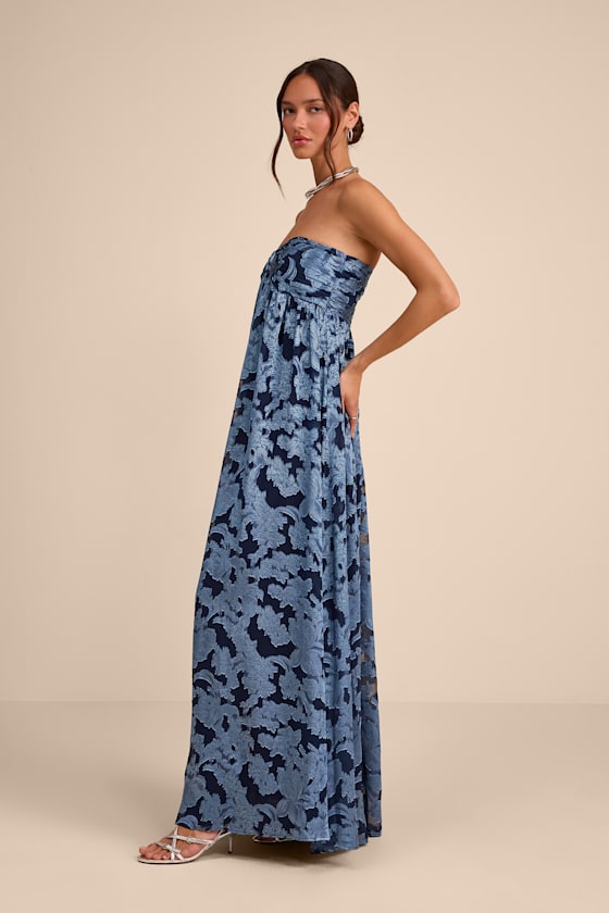 Danalia Navy Floral Burnout Strapless Maxi Dress