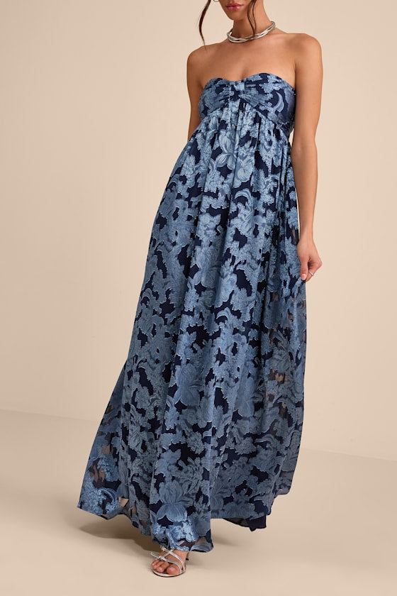 Danalia Navy Floral Burnout Strapless Maxi Dress