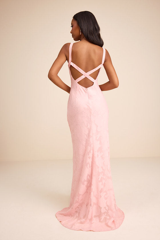 Perfectly Classy Light Pink Floral Burnout Backless Maxi Dress