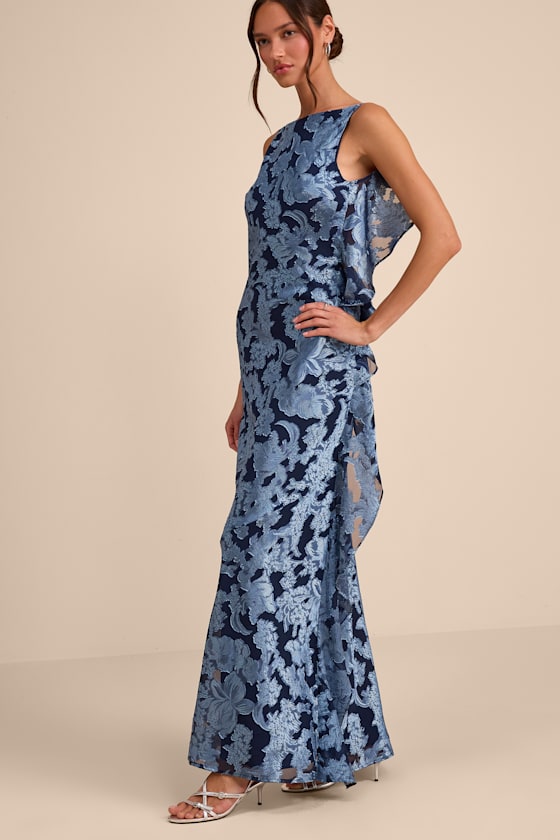 Narelle Navy Floral Burnout Ruffled Maxi Dress