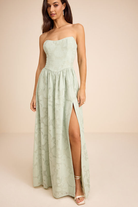 Kalila Sage Floral Burnout Strapless Maxi Dress
