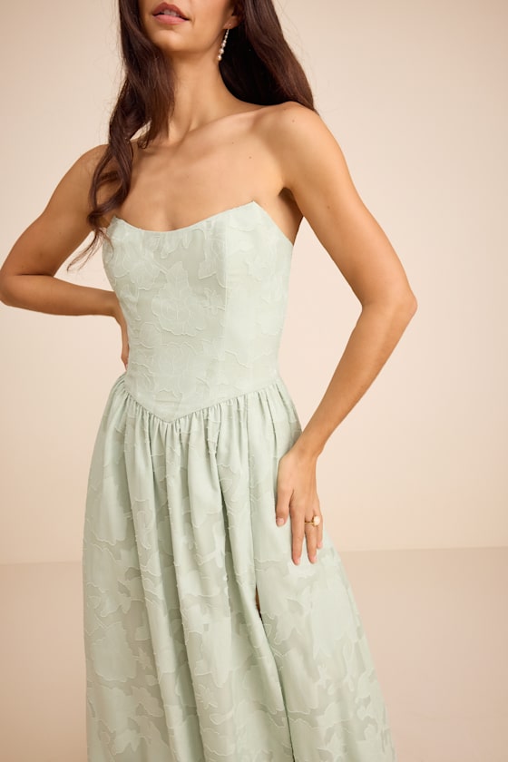 Kalila Sage Floral Burnout Strapless Maxi Dress