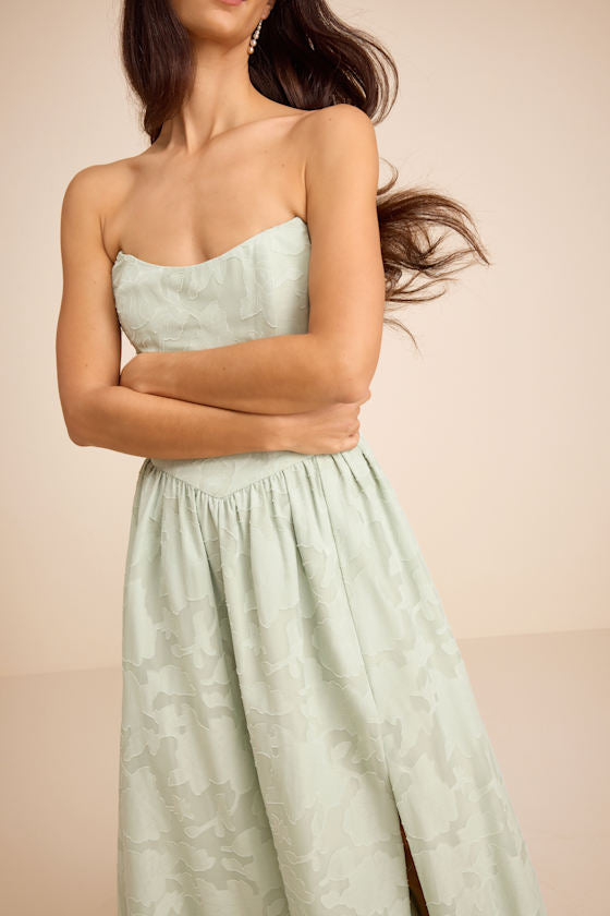 Kalila Sage Floral Burnout Strapless Maxi Dress