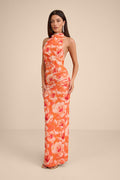 Frona Orange Floral Mesh Backless Maxi Dress